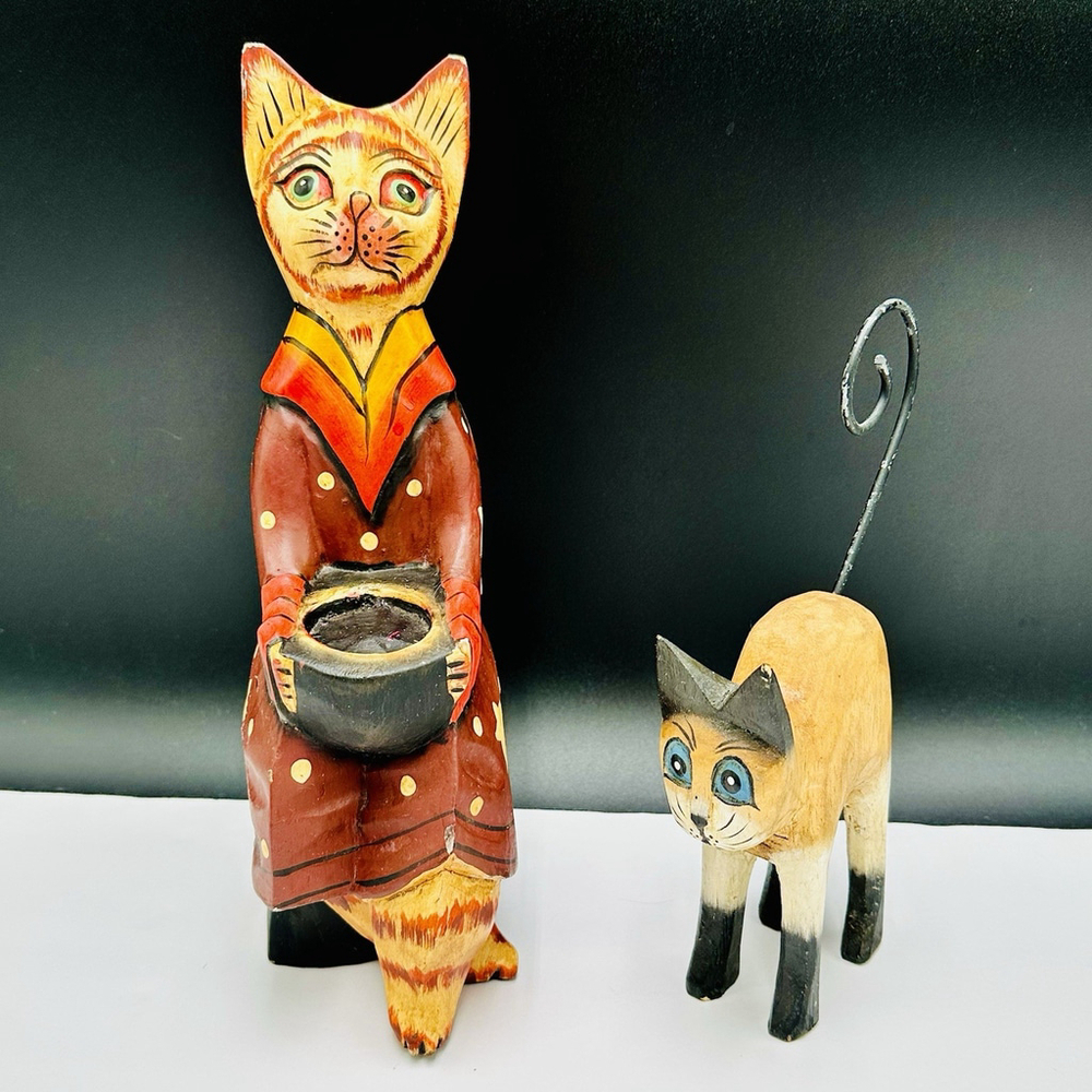 VTG Hand Carved Wooden Cat Kitten Figurines Lot of 2 Hand Painted Brown Red